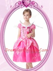 Short Sleeves Knee Length Beading and Hand Made Flower Clasp Handle Flower Girl Dresses for Less with Hot Pink