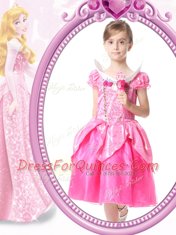 Short Sleeves Knee Length Beading and Hand Made Flower Clasp Handle Flower Girl Dresses for Less with Hot Pink