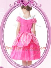 Short Sleeves Knee Length Beading and Hand Made Flower Clasp Handle Flower Girl Dresses for Less with Hot Pink