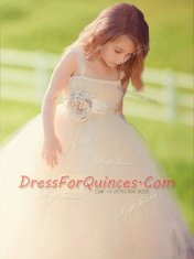 Clearance Straps Sleeveless Tulle Flower Girl Dress Bowknot and Hand Made Flower Zipper