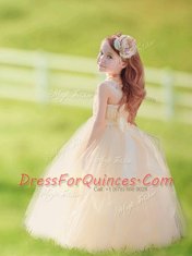 Clearance Straps Sleeveless Tulle Flower Girl Dress Bowknot and Hand Made Flower Zipper