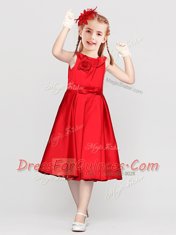 Scoop Bowknot and Hand Made Flower Flower Girl Dresses Red Clasp Handle Sleeveless Tea Length