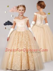Romantic Off The Shoulder Cap Sleeves Lace Up Toddler Flower Girl Dress Champagne Tulle