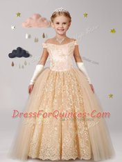 Romantic Off The Shoulder Cap Sleeves Lace Up Toddler Flower Girl Dress Champagne Tulle