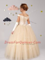 Romantic Off The Shoulder Cap Sleeves Lace Up Toddler Flower Girl Dress Champagne Tulle