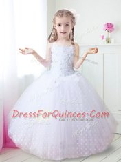 Delicate White Sleeveless Floor Length Beading and Appliques Zipper Toddler Flower Girl Dress