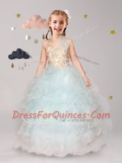 Halter Top Sleeveless Lace Up Floor Length Beading and Ruffles and Hand Made Flower Flower Girl Dresses