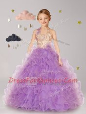 Halter Top Sleeveless Lace Up Floor Length Beading and Ruffles and Hand Made Flower Flower Girl Dresses
