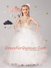 Halter Top Sleeveless Lace Up Floor Length Beading and Ruffles and Hand Made Flower Flower Girl Dresses