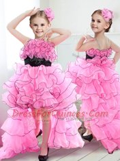 Amazing Straps Rose Pink Sleeveless Beading and Ruffles and Belt High Low Flower Girl Dresses
