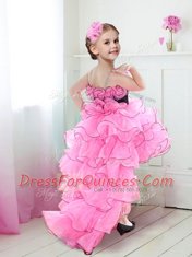 Amazing Straps Rose Pink Sleeveless Beading and Ruffles and Belt High Low Flower Girl Dresses