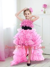 Amazing Straps Rose Pink Sleeveless Beading and Ruffles and Belt High Low Flower Girl Dresses