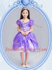 Lavender Square Side Zipper Beading and Bowknot Flower Girl Dresses for Less Short Sleeves
