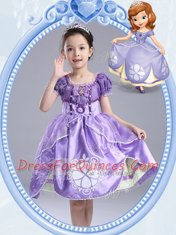 Lavender Side Zipper Scoop Beading and Pattern and Bowknot Toddler Flower Girl Dress Taffeta Short Sleeves