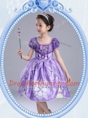 Lavender Side Zipper Scoop Beading and Pattern and Bowknot Toddler Flower Girl Dress Taffeta Short Sleeves