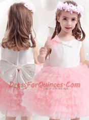Scoop Pink And White Ball Gowns Ruffled Layers and Bowknot and Hand Made Flower Flower Girl Dresses for Less Side Zipper Tulle Sleeveless Knee Length