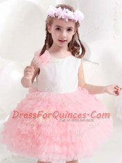 Scoop Pink And White Ball Gowns Ruffled Layers and Bowknot and Hand Made Flower Flower Girl Dresses for Less Side Zipper Tulle Sleeveless Knee Length