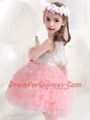 Scoop Pink And White Ball Gowns Ruffled Layers and Bowknot and Hand Made Flower Flower Girl Dresses for Less Side Zipper Tulle Sleeveless Knee Length