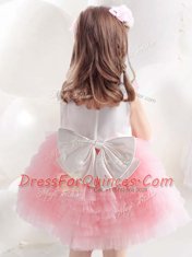 Scoop Pink And White Ball Gowns Ruffled Layers and Bowknot and Hand Made Flower Flower Girl Dresses for Less Side Zipper Tulle Sleeveless Knee Length