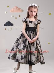 Scoop Short Sleeves Lace Tea Length Zipper Flower Girl Dresses for Less in Black with Sashes ribbons