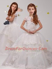 Sumptuous Scoop Short Sleeves Brush Train Backless Flower Girl Dresses White Tulle
