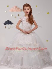 Sumptuous Scoop Short Sleeves Brush Train Backless Flower Girl Dresses White Tulle
