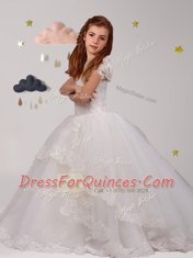 Sumptuous Scoop Short Sleeves Brush Train Backless Flower Girl Dresses White Tulle