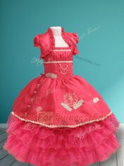 Best Coral Red Lace Up Spaghetti Straps Appliques and Ruffled Layers Little Girl Pageant Gowns Organza and Taffeta Sleeveless