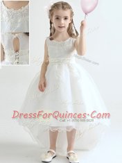 Sumptuous White Organza Lace Up Scoop Sleeveless High Low Flower Girl Dress Appliques