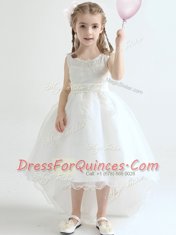 Sumptuous White Organza Lace Up Scoop Sleeveless High Low Flower Girl Dress Appliques