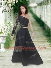 Top Selling One Shoulder Black Long Sleeves Lace Floor Length Flower Girl Dresses
