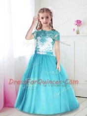 Scoop Turquoise Short Sleeves Lace and Belt Floor Length Toddler Flower Girl Dress
