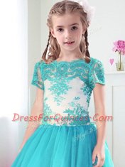 Scoop Turquoise Short Sleeves Lace and Belt Floor Length Toddler Flower Girl Dress