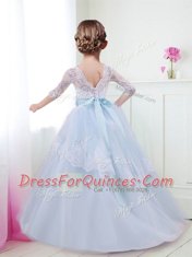 Suitable Scoop Light Blue Half Sleeves Brush Train Lace and Bowknot With Train Flower Girl Dress