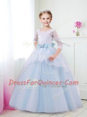 Suitable Scoop Light Blue Half Sleeves Brush Train Lace and Bowknot With Train Flower Girl Dress