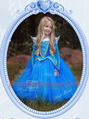 Low Price Scoop Baby Blue Ball Gowns Beading and Embroidery Flower Girl Dresses Side Zipper Tulle Long Sleeves Floor Length