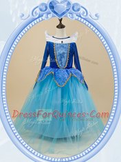 Low Price Scoop Baby Blue Ball Gowns Beading and Embroidery Flower Girl Dresses Side Zipper Tulle Long Sleeves Floor Length