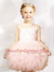 Scoop Baby Pink Sleeveless Mini Length Appliques and Ruffles Zipper Flower Girl Dresses for Less