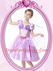 Eye-catching Lilac A-line Beading and Bowknot Flower Girl Dress Clasp Handle Organza Short Sleeves Knee Length