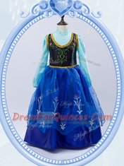 Affordable Royal Blue Taffeta and Tulle Zipper High-neck Long Sleeves Floor Length Flower Girl Dresses Embroidery