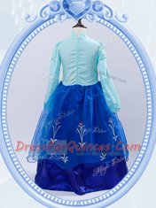 Affordable Royal Blue Taffeta and Tulle Zipper High-neck Long Sleeves Floor Length Flower Girl Dresses Embroidery