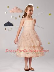 Fabulous Champagne A-line Straps Sleeveless Tulle Tea Length Zipper Appliques and Ruffles and Bowknot Flower Girl Dresses for Less