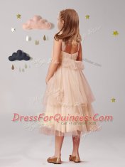 Fabulous Champagne A-line Straps Sleeveless Tulle Tea Length Zipper Appliques and Ruffles and Bowknot Flower Girl Dresses for Less