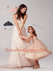 Fabulous Champagne A-line Straps Sleeveless Tulle Tea Length Zipper Appliques and Ruffles and Bowknot Flower Girl Dresses for Less