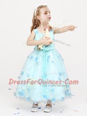 Flare A-line Flower Girl Dresses for Less Light Blue Straps Organza Sleeveless Ankle Length Zipper