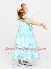 Flare A-line Flower Girl Dresses for Less Light Blue Straps Organza Sleeveless Ankle Length Zipper
