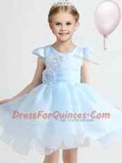Affordable Light Blue Ball Gowns Scoop Cap Sleeves Organza Mini Length Zipper Appliques and Bowknot and Hand Made Flower Flower Girl Dresses