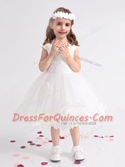 Unique Scoop Tea Length Ball Gowns Cap Sleeves White Flower Girl Dresses for Less Zipper