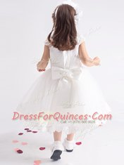 Unique Scoop Tea Length Ball Gowns Cap Sleeves White Flower Girl Dresses for Less Zipper
