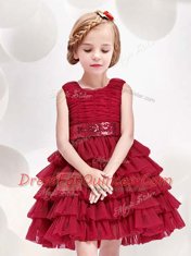 Modest Scoop Sleeveless Mini Length Ruffled Layers and Sequins and Bowknot Zipper Toddler Flower Girl Dress with Red